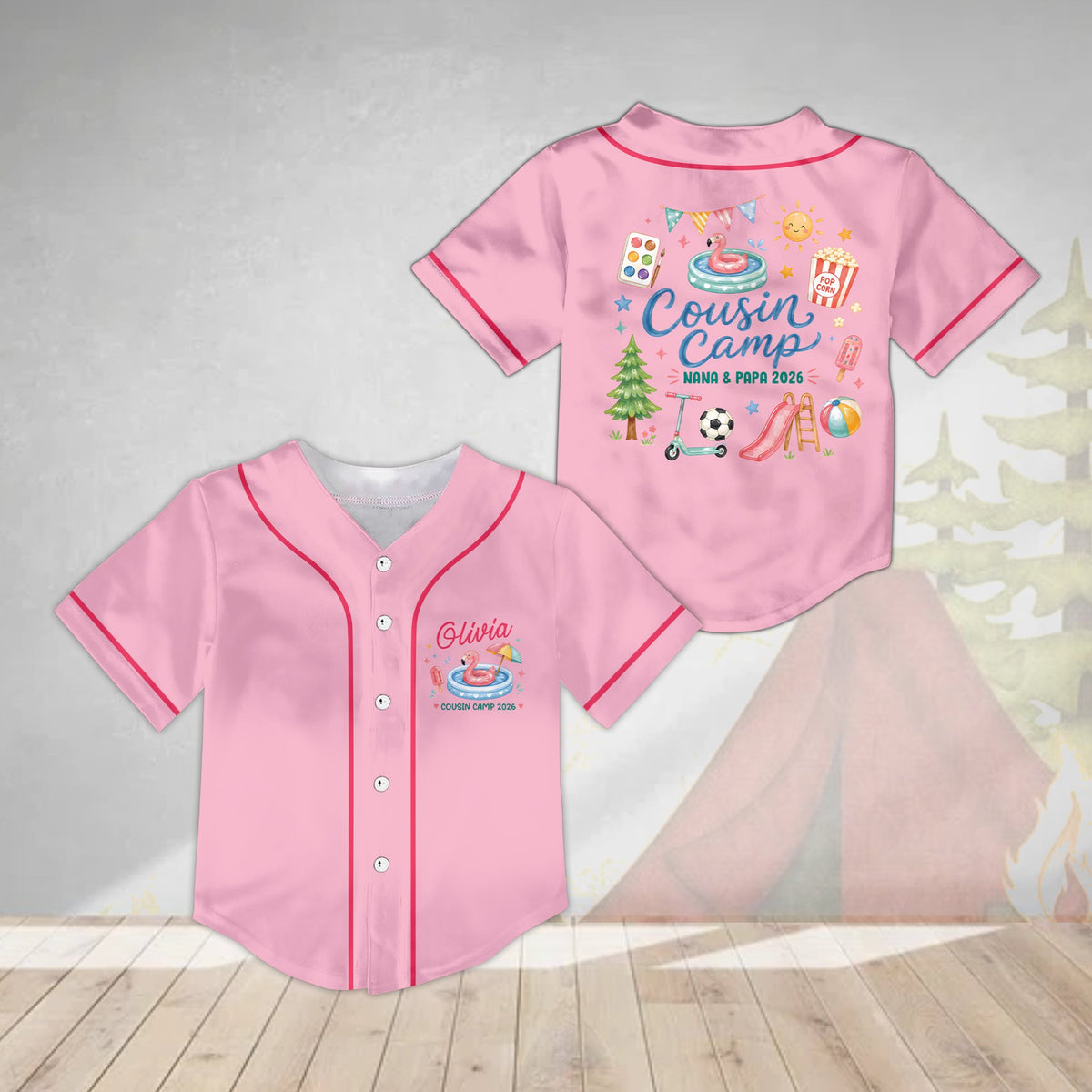 Personalized pink cousin camp baseball jersey with custom name, front view