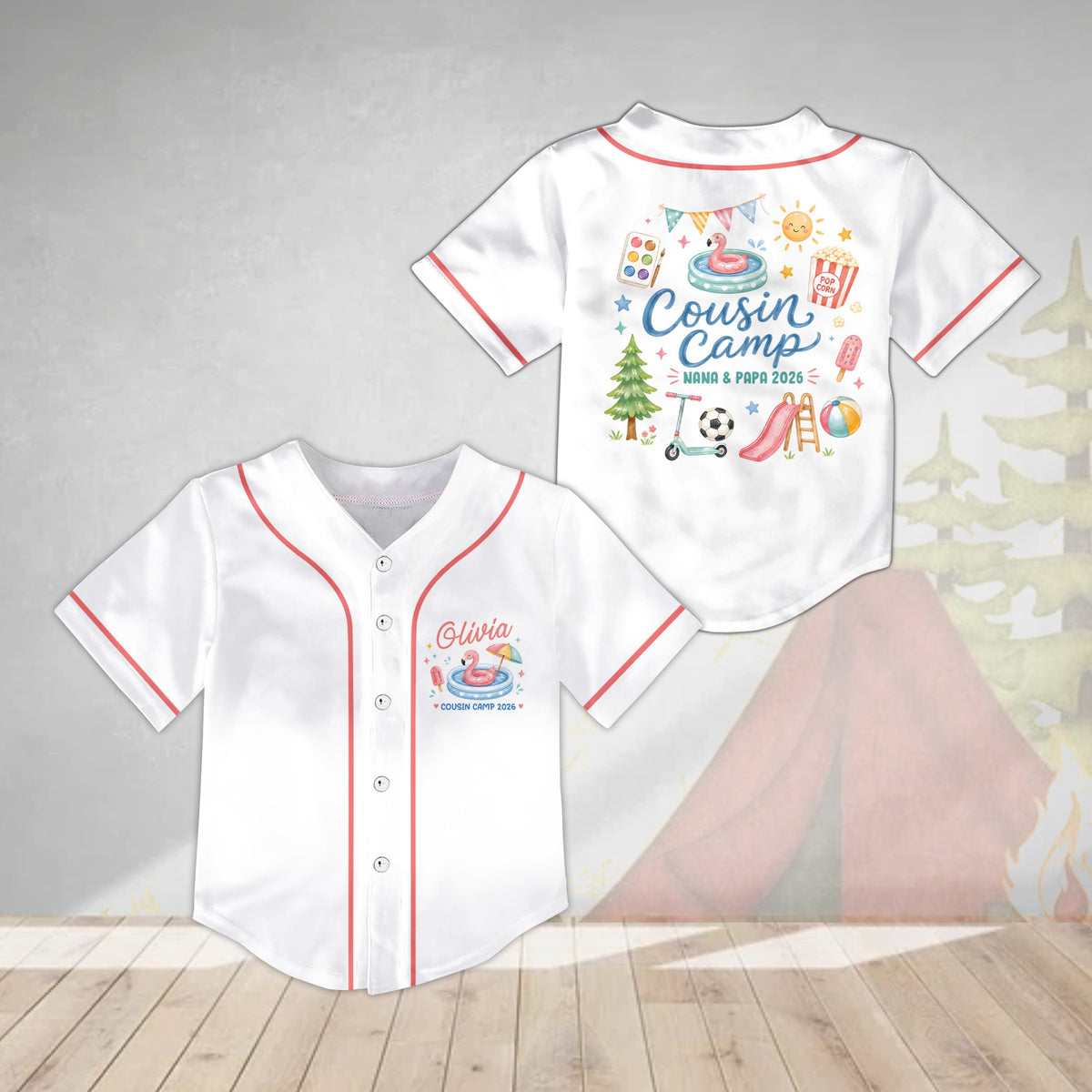 Personalized white cousin camp baseball jersey with custom name, front view