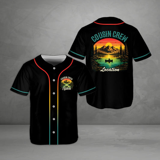 Personalized cousin crew outdoor baseball jersey in black with custom text, main view