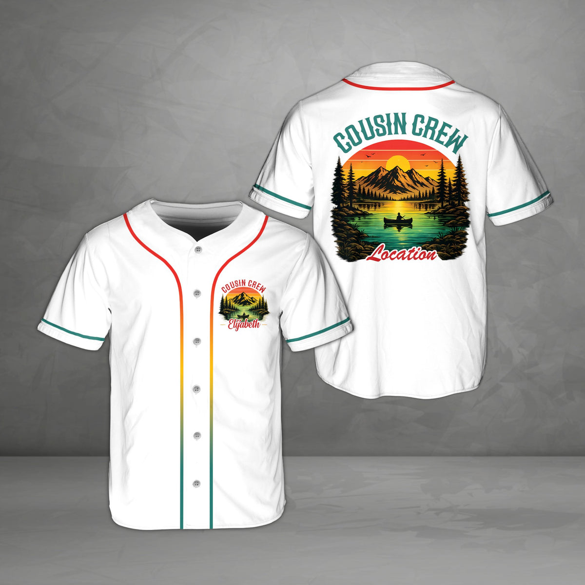 Personalized cousin crew outdoor baseball jersey in white, front view