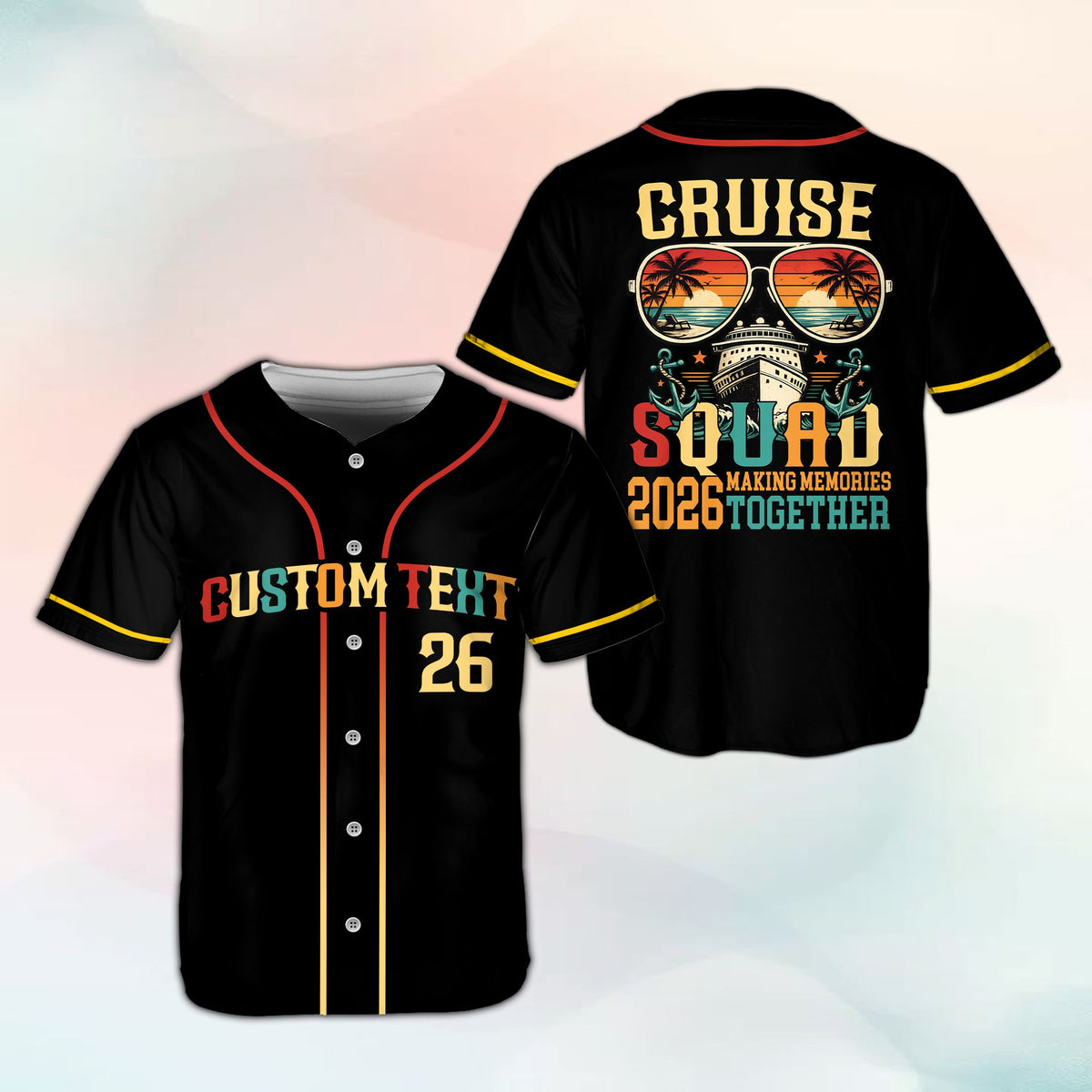 Black summer baseball jersey with personalized name and number featuring retro cruise squad design, main view