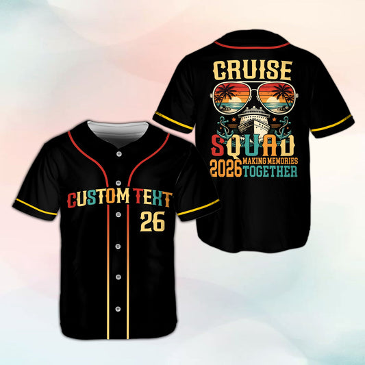 Black summer baseball jersey with personalized name and number featuring retro cruise squad design, main view
