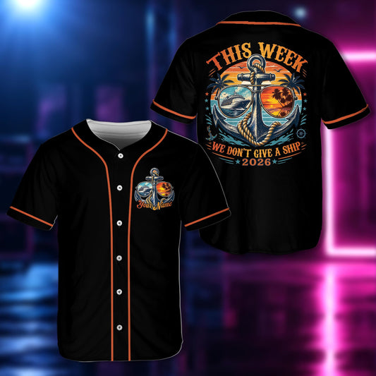 Personalized black cruise baseball jersey featuring anchor design and custom name, front view