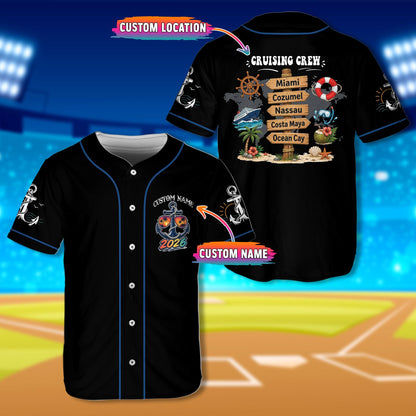 Black personalized cruise baseball jersey with anchor graphic, front view