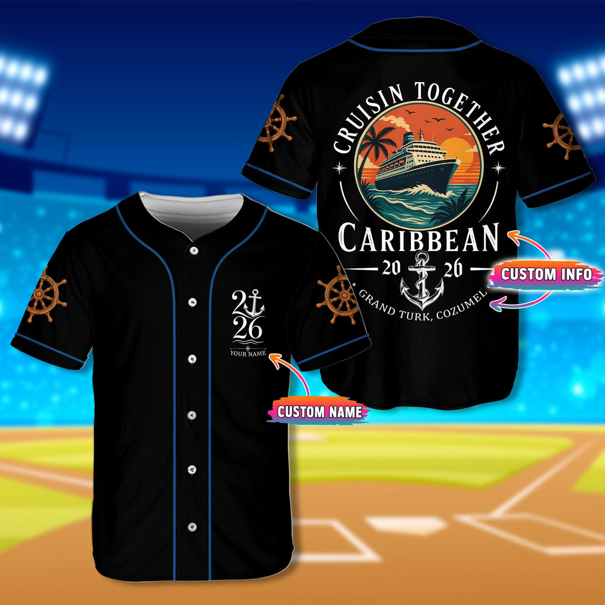 Black personalized cruise baseball jersey with custom name and number