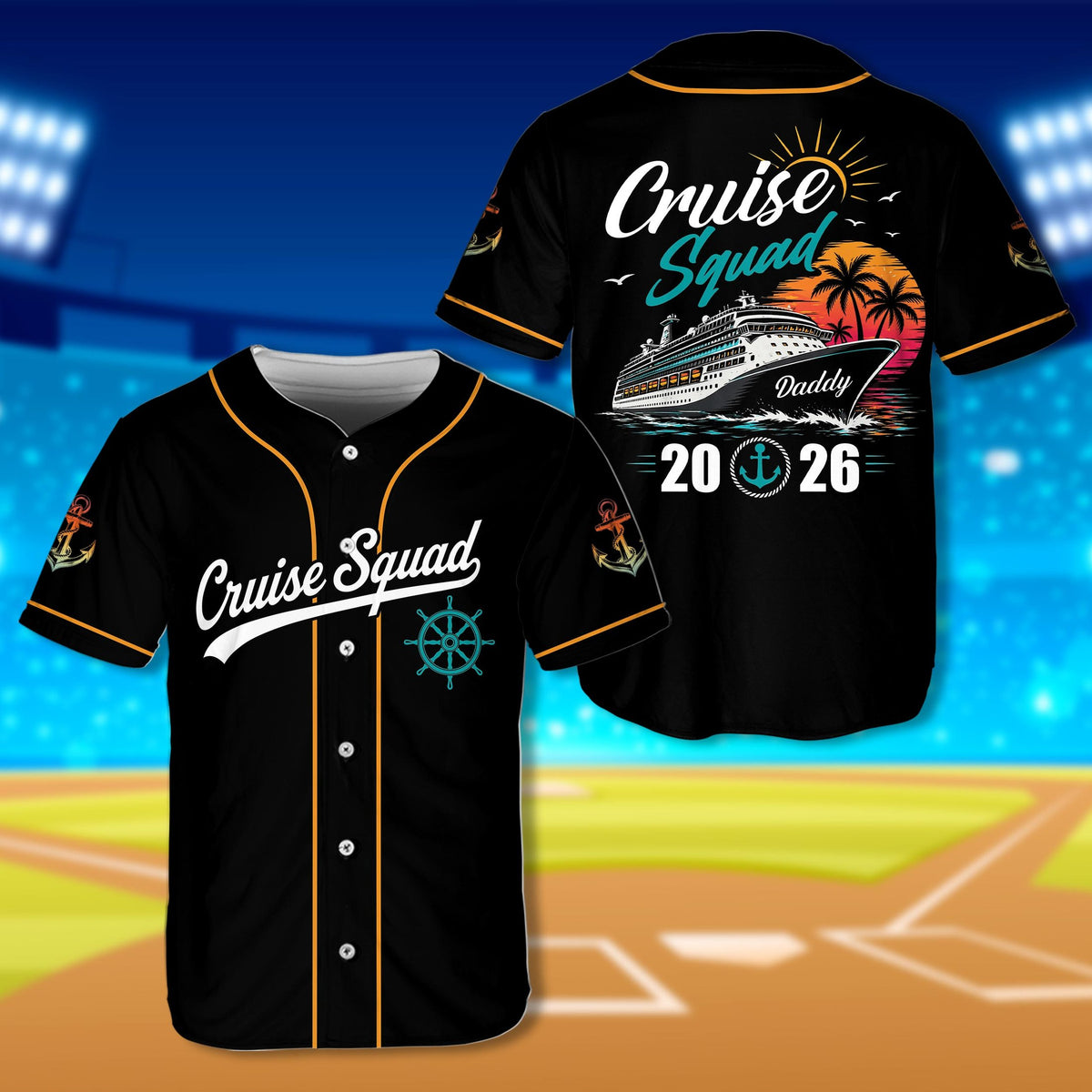 Black personalized cruise baseball jersey with custom name and number, main view