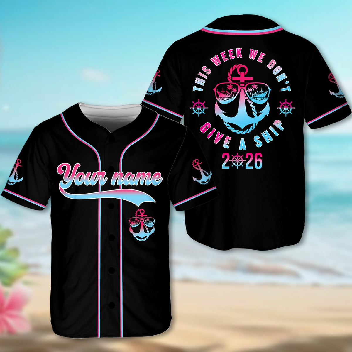 Detailed front view of the black custom name baseball jersey