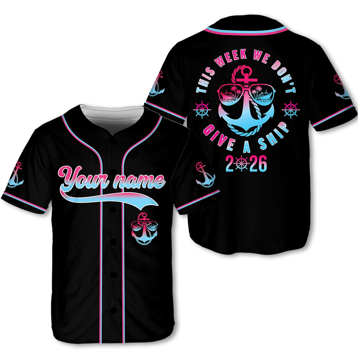 Personalized black cruise baseball jersey with custom name, front view