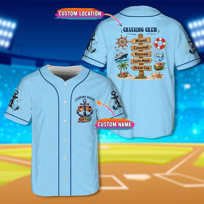 Personalized blue cruise baseball jersey with custom name and number, front view