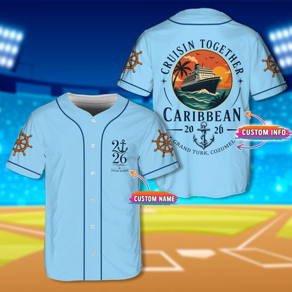 Blue personalized cruise baseball jersey with sunset design