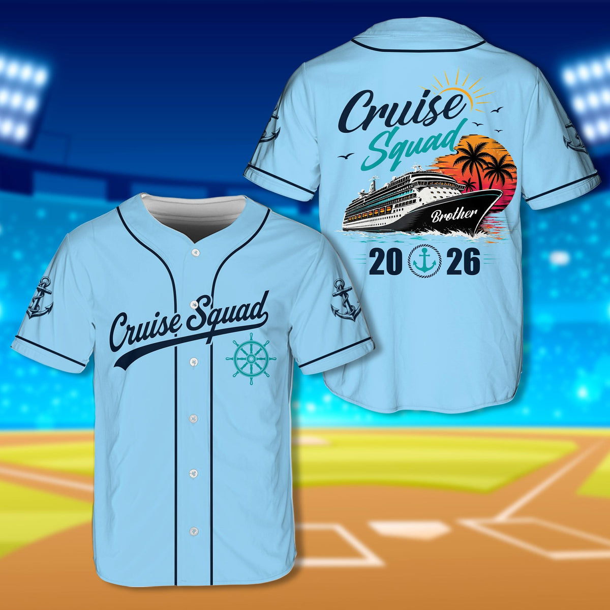 Blue cruise squad custom baseball jersey front view