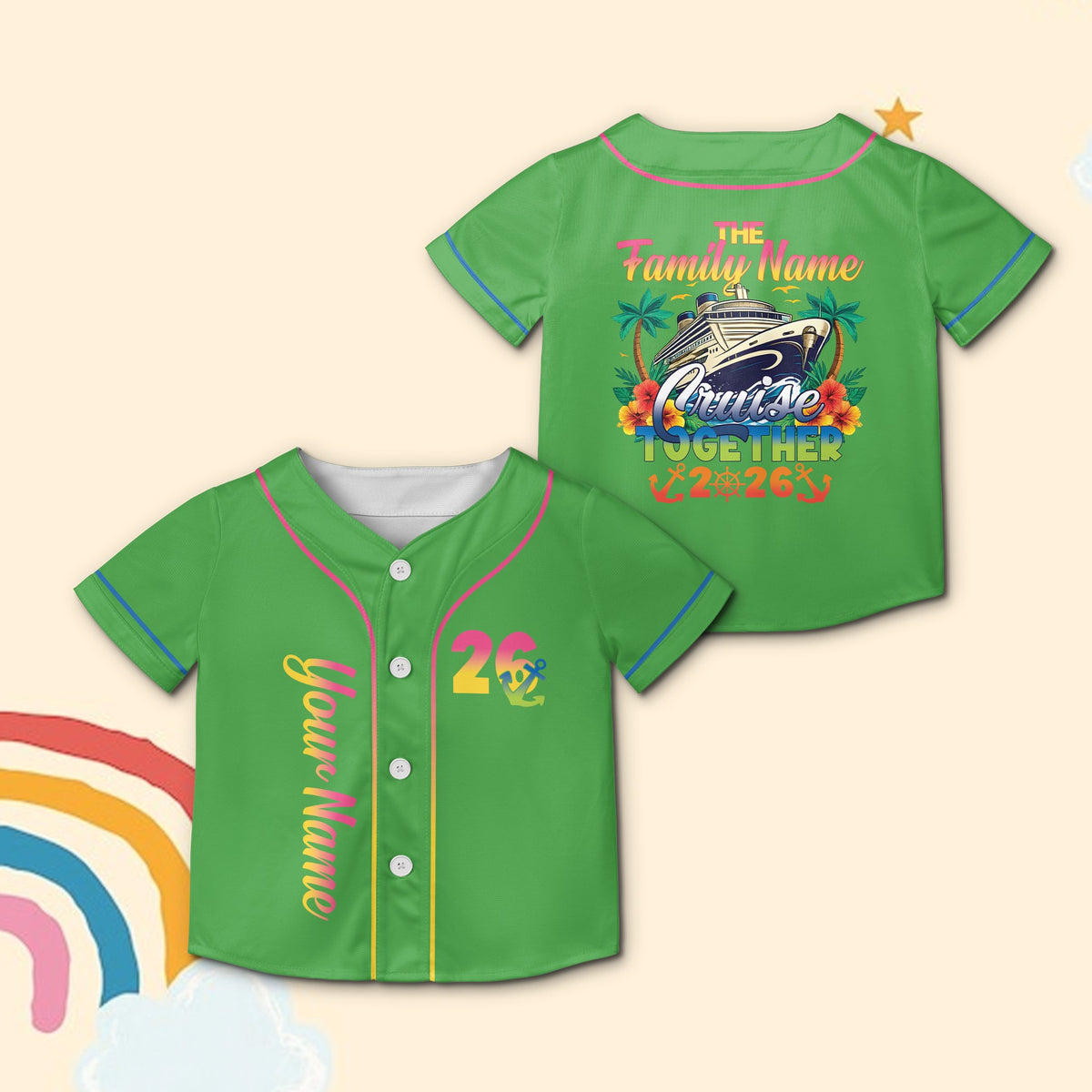 Green cruise baseball jersey personalized front view