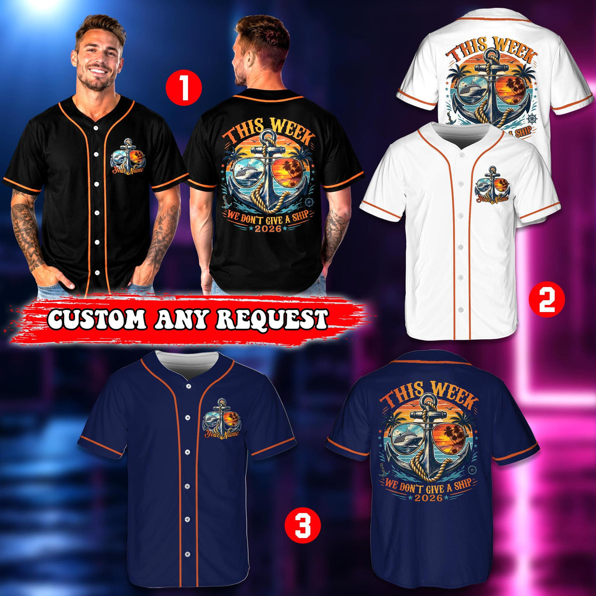 Lifestyle view of adults wearing the personalized cruise baseball jerseys in various colors