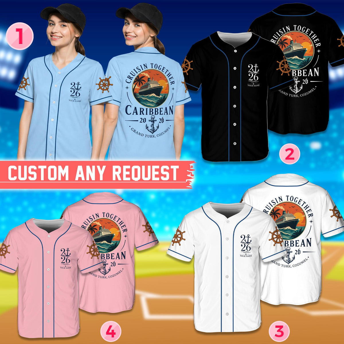 Lifestyle view of someone wearing a colorful custom cruise baseball jersey