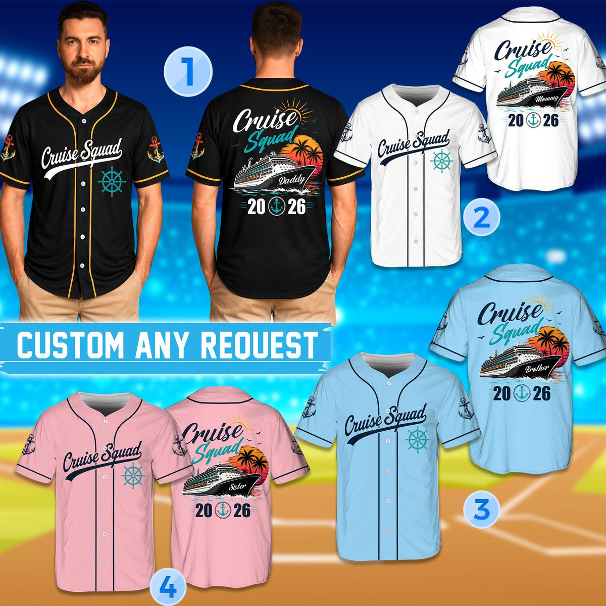 Lifestyle view of adults wearing the personalized cruise baseball jerseys