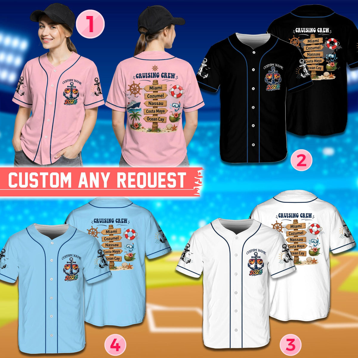 Multicolor view of personalized cruise baseball jerseys showing back design with tropical signpost