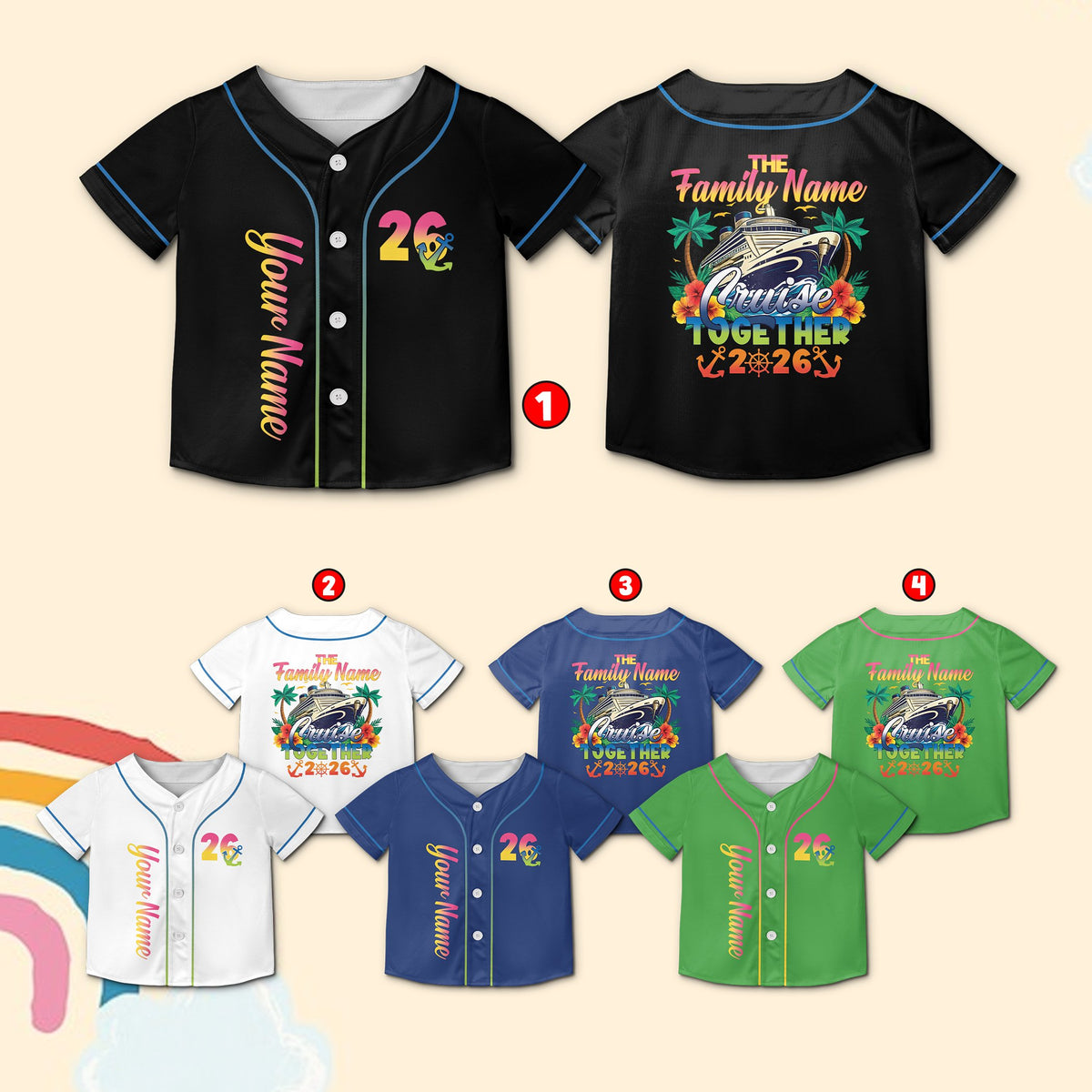 Multicolor family cruise baseball jerseys back design with ship and palm trees