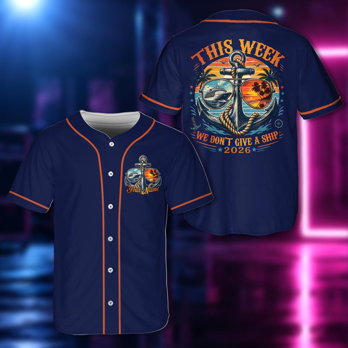 Personalized navy blue cruise baseball jersey featuring anchor design and custom name, front view