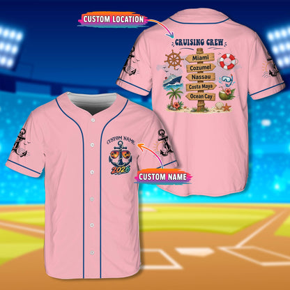 Pink custom baseball jersey featuring sunset sunglasses design, front view