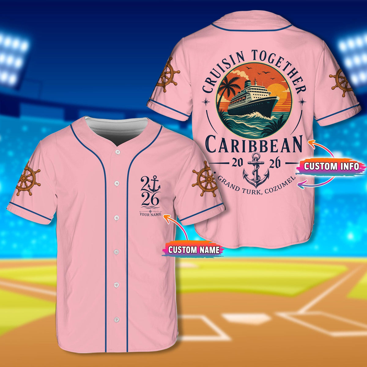 Pink personalized cruise baseball jersey with tropical ship graphic