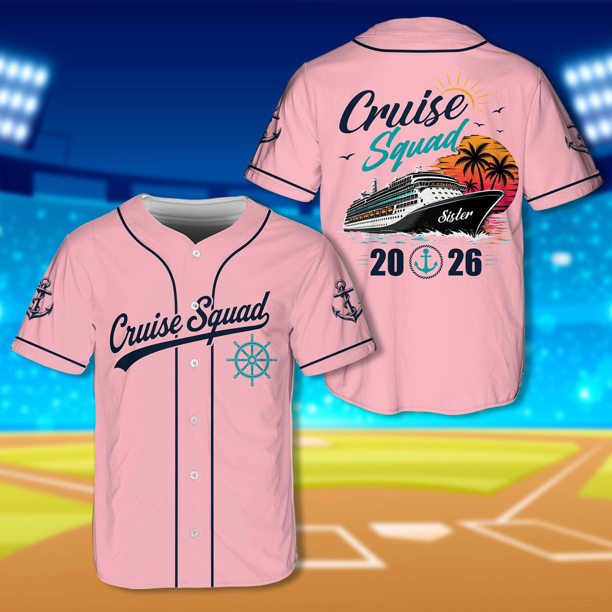 Pink personalized baseball jersey with cruise ship design front view