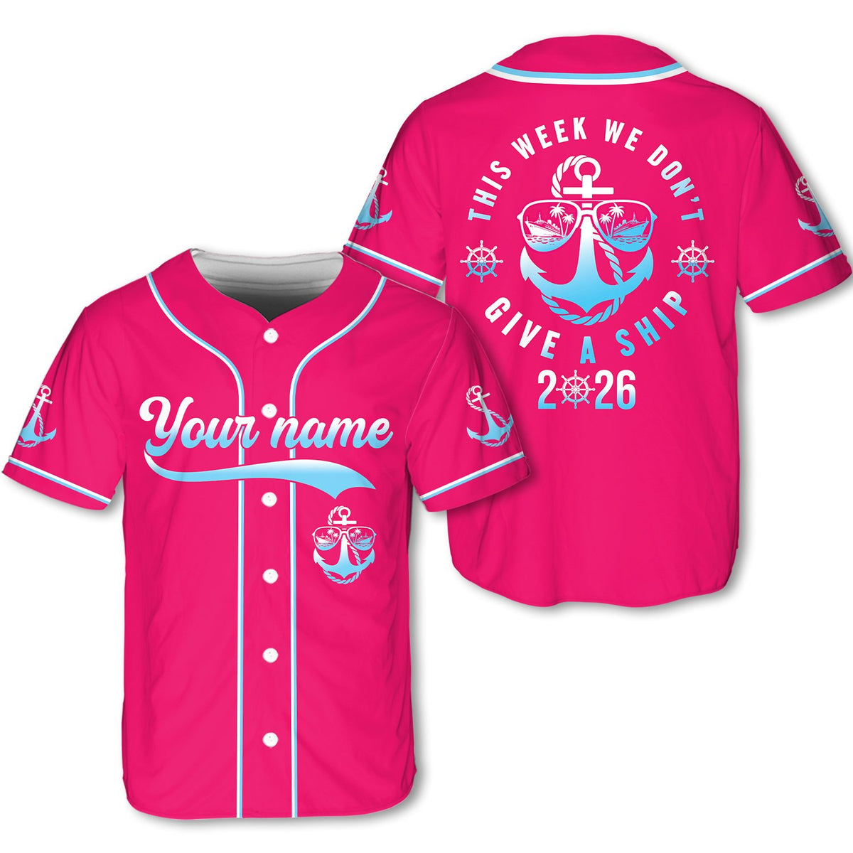 Front view of custom pink cruise baseball jersey with name