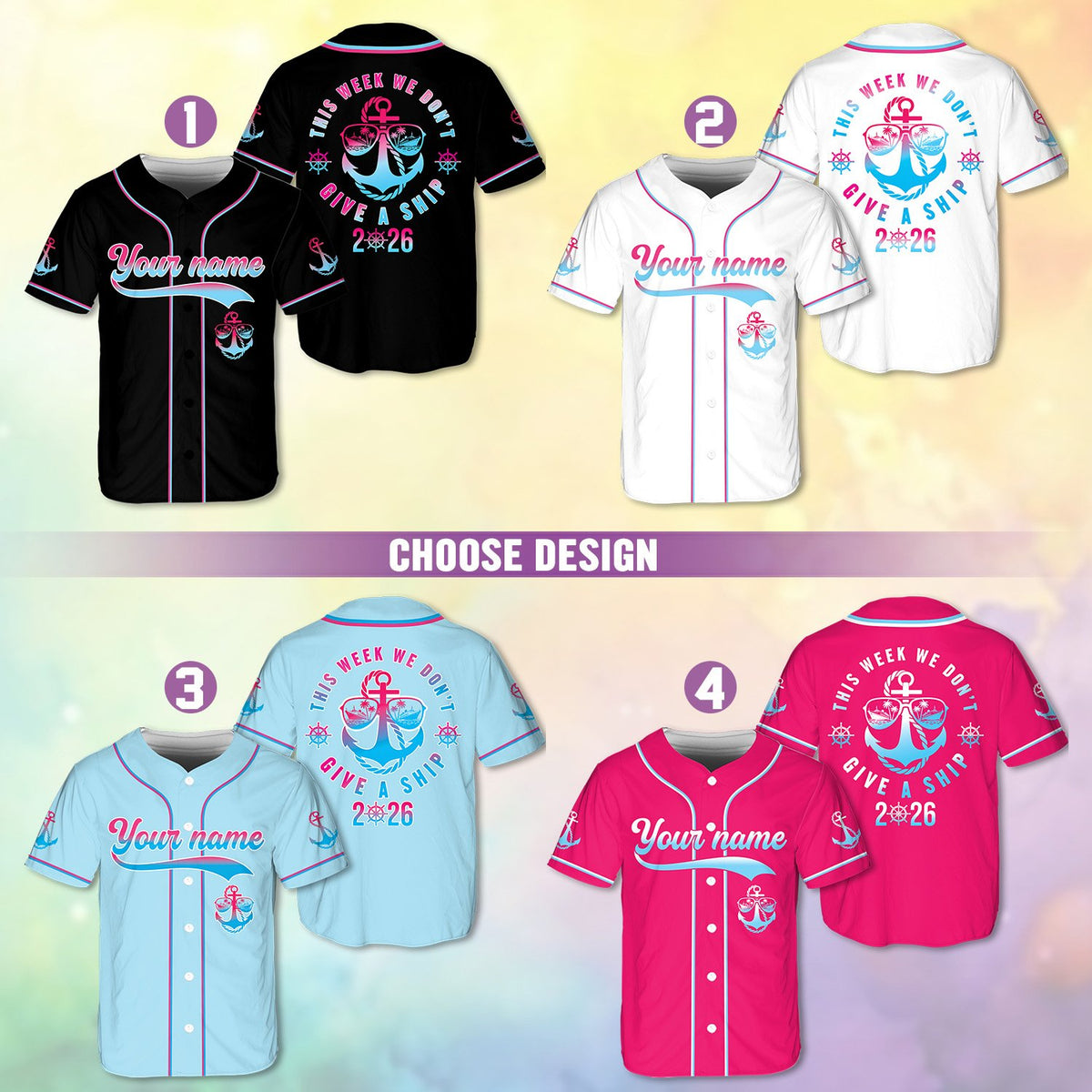 Back design of the cruise baseball jersey featuring anchor and cruise text
