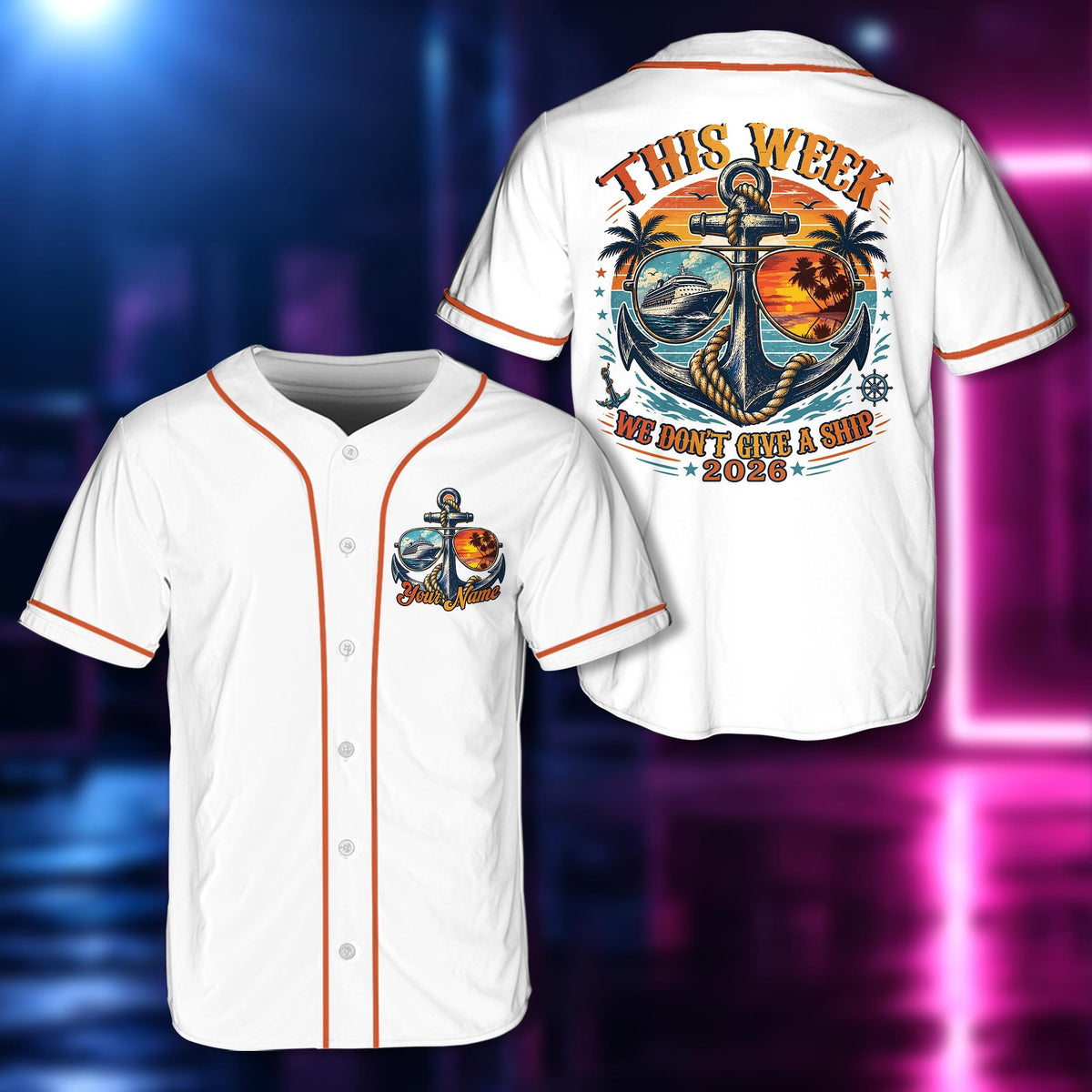 Personalized white cruise baseball jersey featuring anchor design and custom name, front view