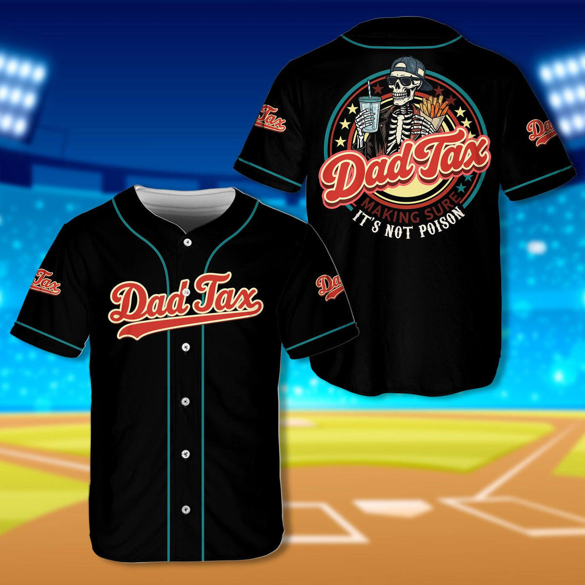 Black dad baseball jersey with Dad Tax retro script, front view