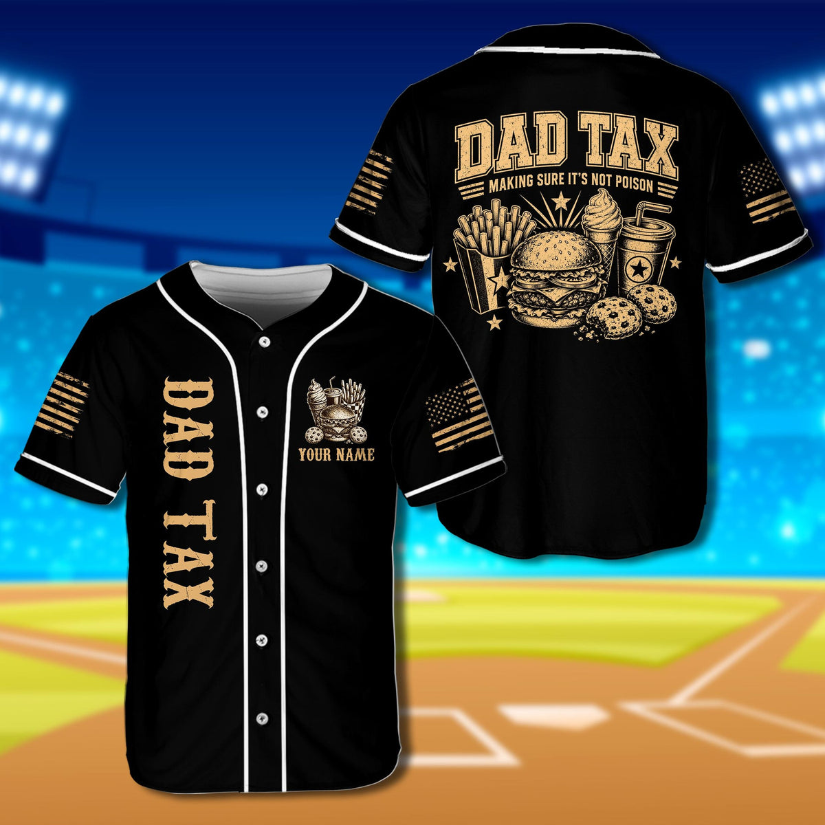 Personalized black dad baseball jersey featuring Dad Tax design and custom name, main view