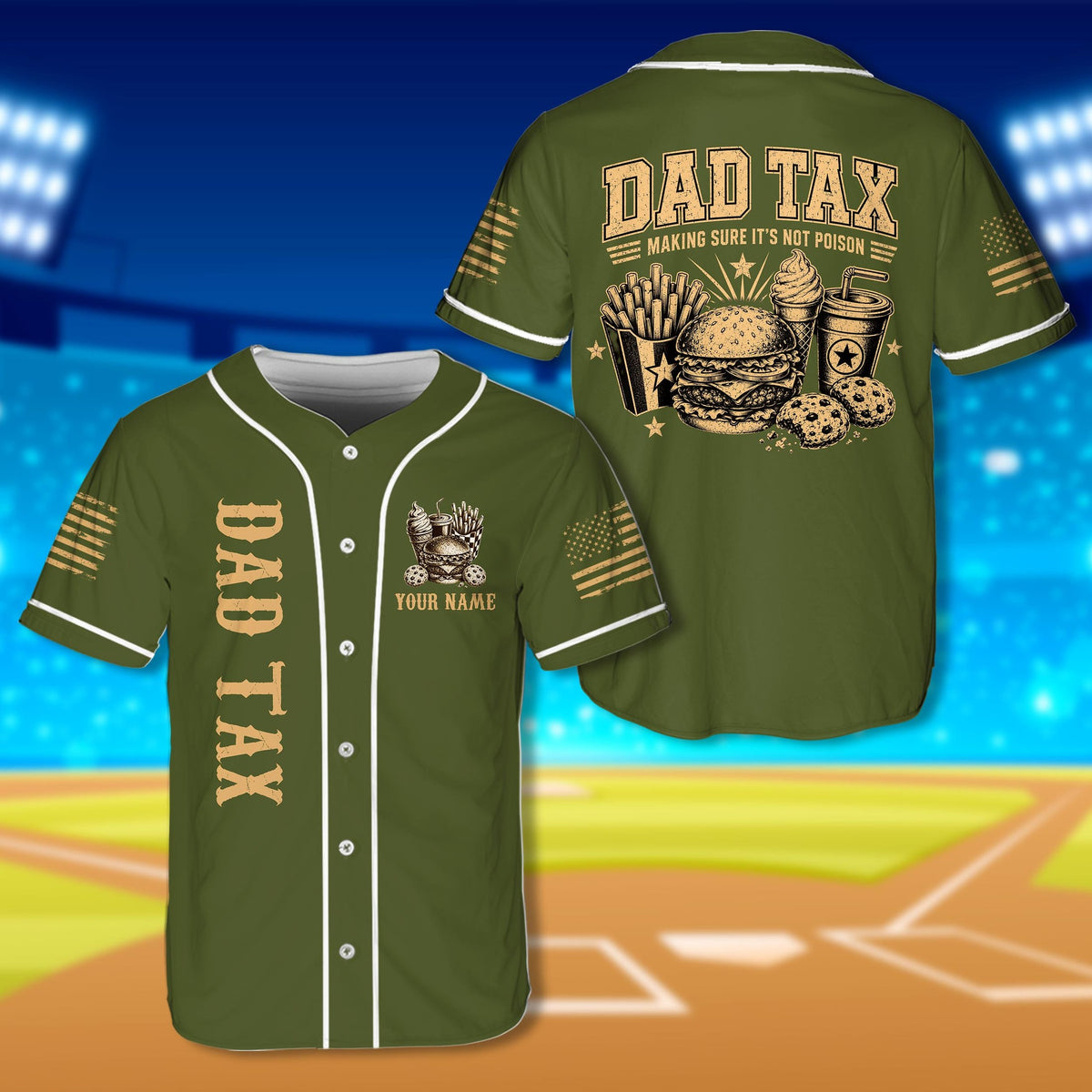 Green personalized baseball jersey with Dad Tax fast food graphic, front view