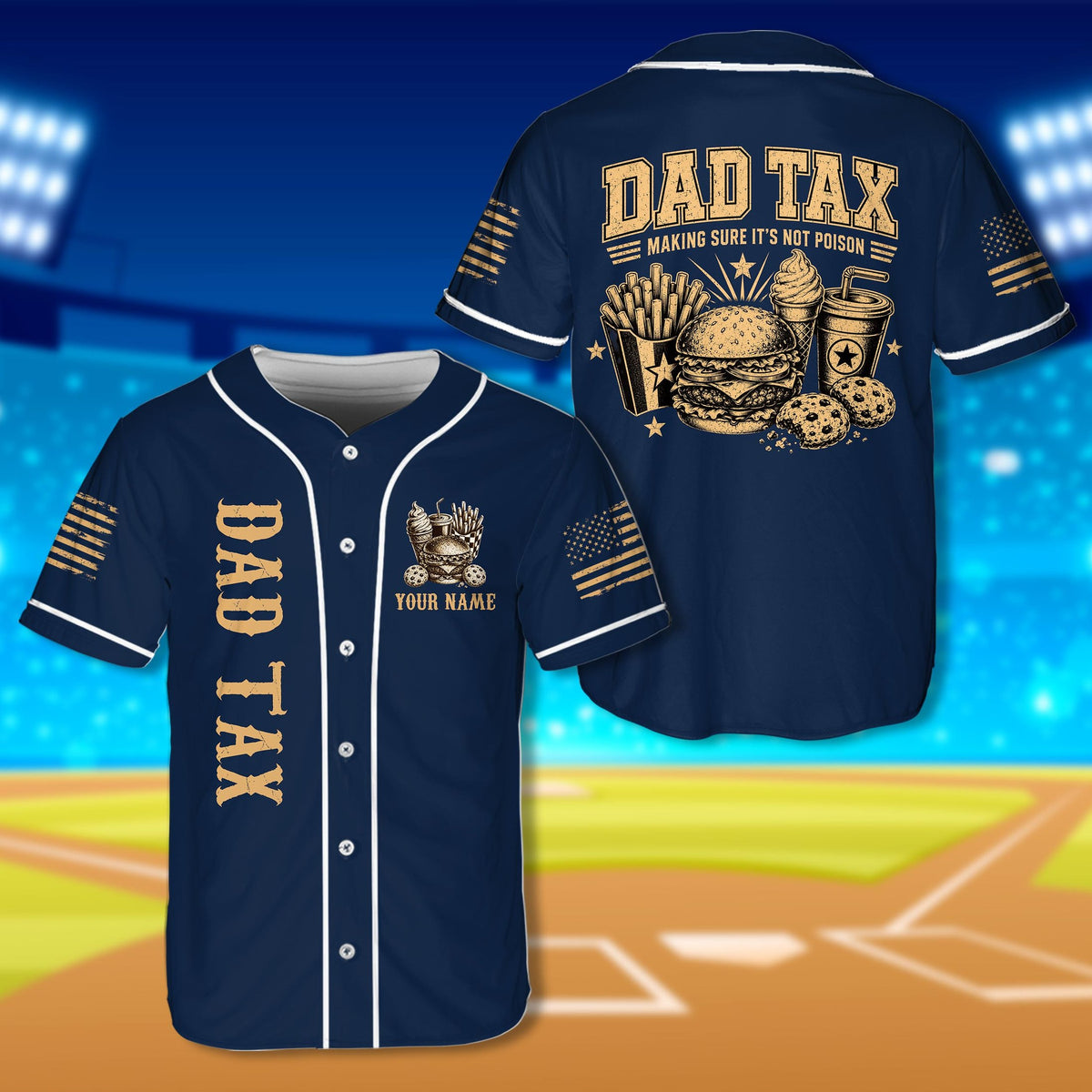 Navy custom baseball jersey with funny Dad Tax motif, front view