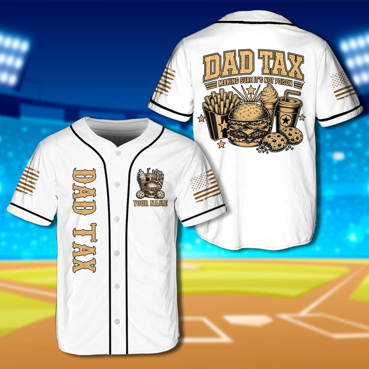 White baseball jersey custom name with distressed Dad Tax print, front view