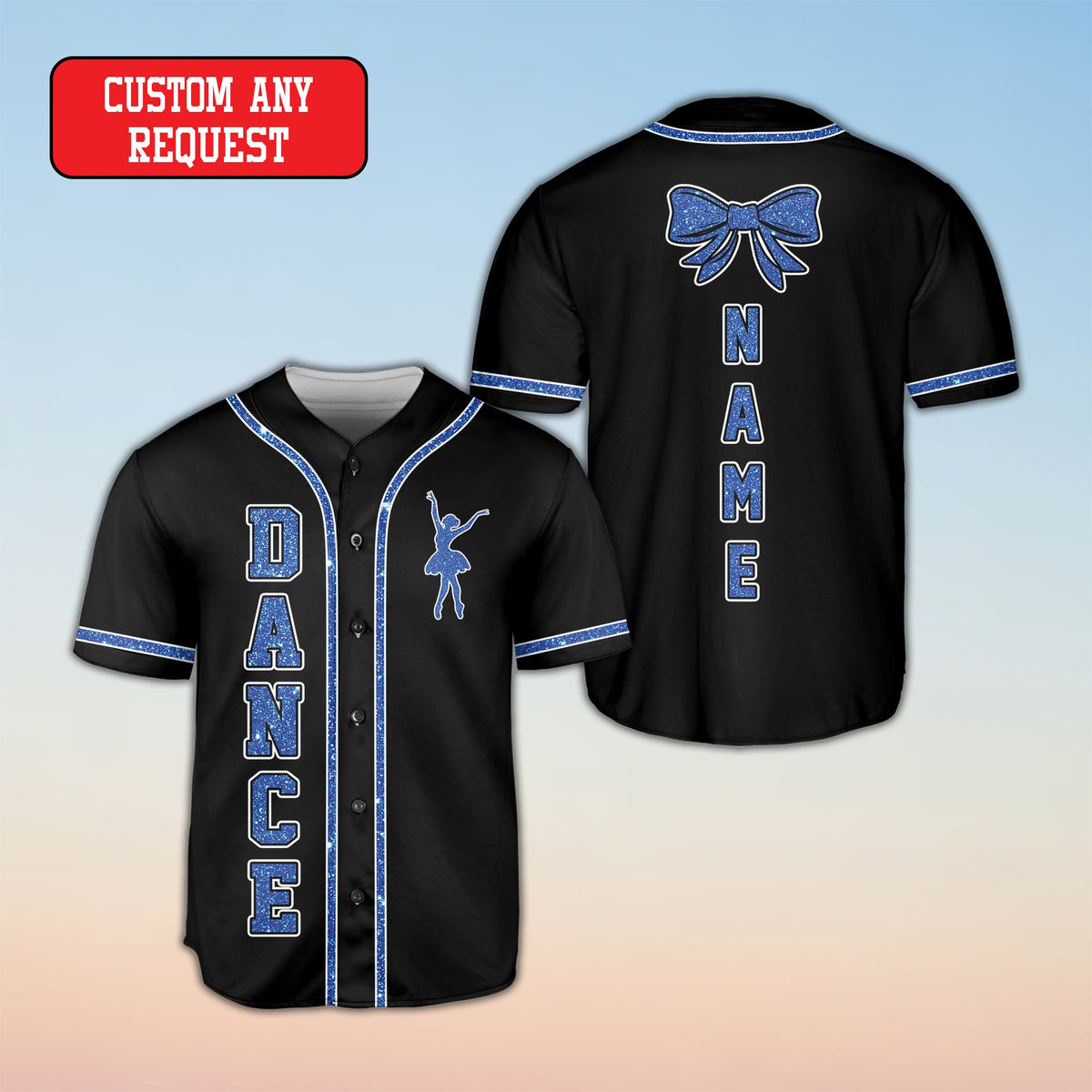 Black dance baseball jersey with ballerina silhouette and custom name, main view