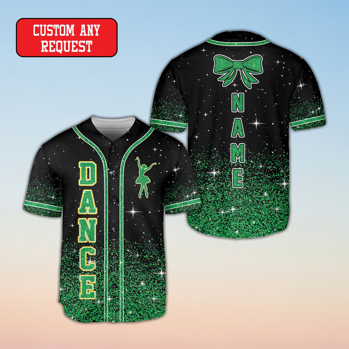Close-up front view of the personalized baseball jersey detailing the dancer graphic