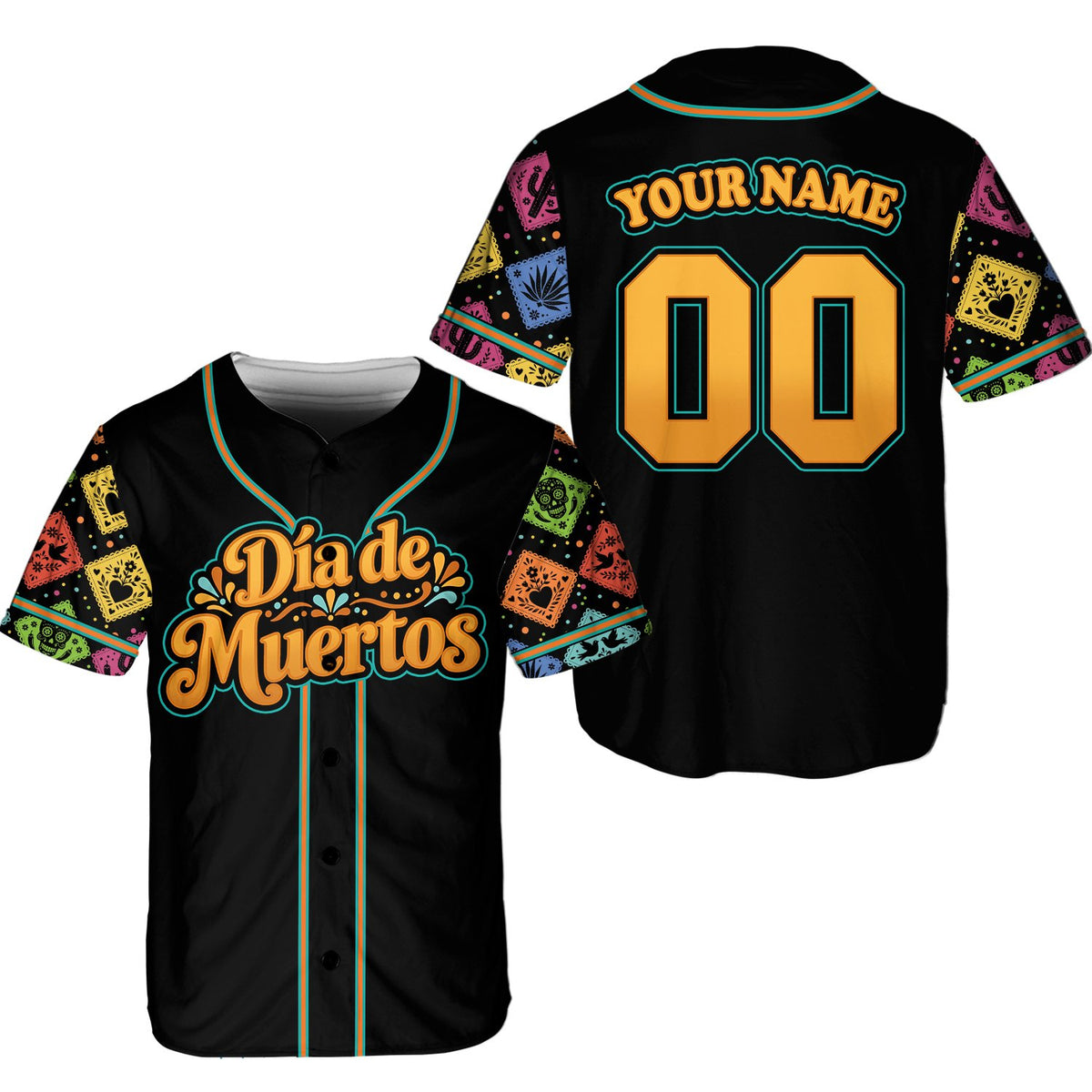 Black personalized dia baseball jersey showing custom name and number design, front view