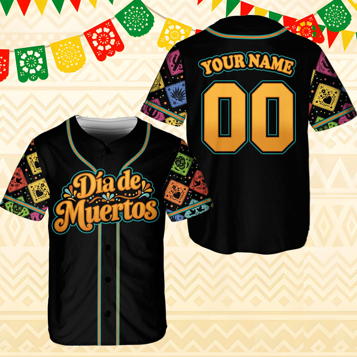 Black Dia de Muertos personalized baseball jersey, front view