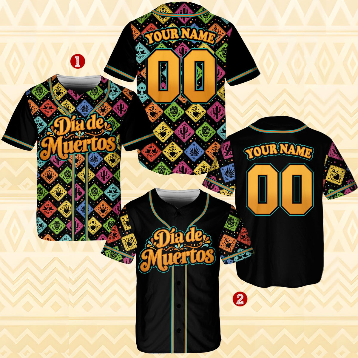 Multicolor Dia de Muertos custom baseball jersey with vibrant skull graphics, front view