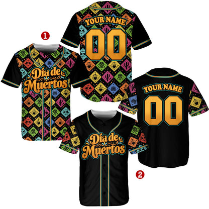 Close up of colorful diamond patterns and sugar skulls on the black dia baseball jersey