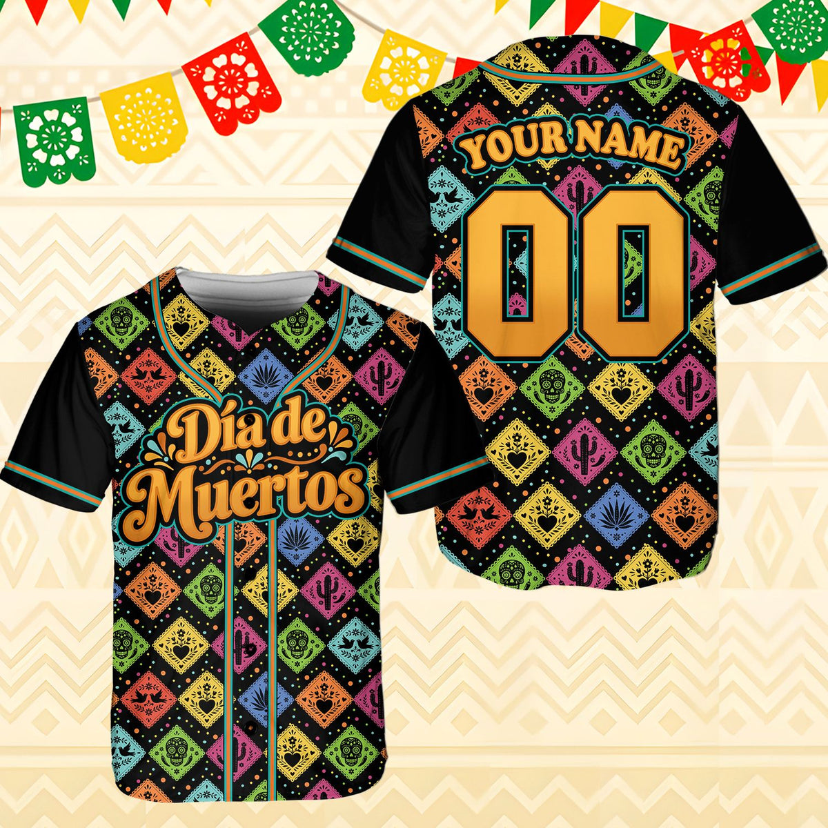 Multicolor personalized black dia baseball jersey with Dia de Muertos graphics, front view