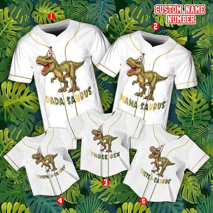 Detailed front view of custom dinosaur birthday baseball jersey