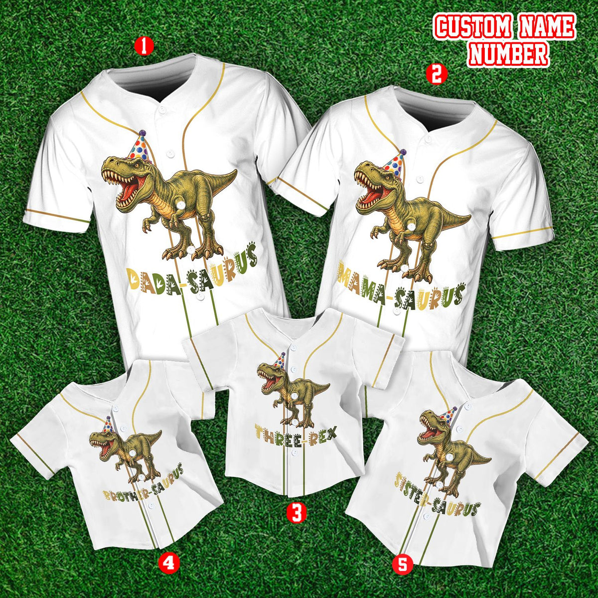 Close-up front view of the T-Rex party hat design on the baseball jersey