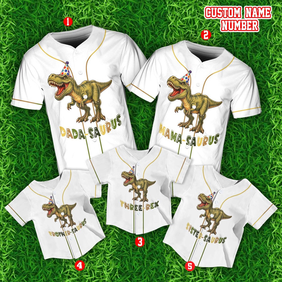 Another front view of the white dinosaur baseball jersey
