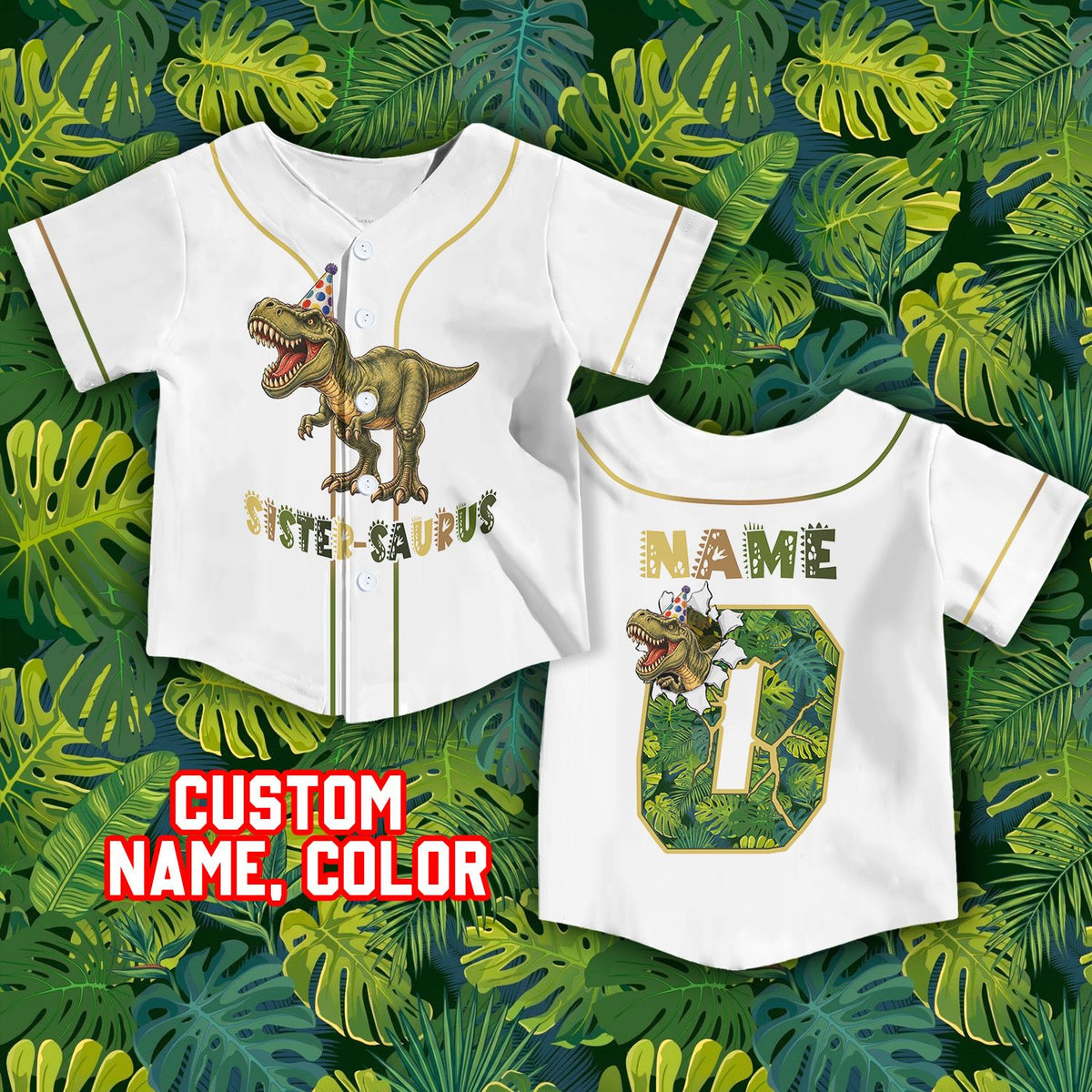 Back view showing custom name and tropical leaf number with T-Rex