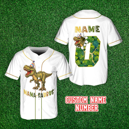 Main view of personalized white dinosaur baseball jersey with custom name and number