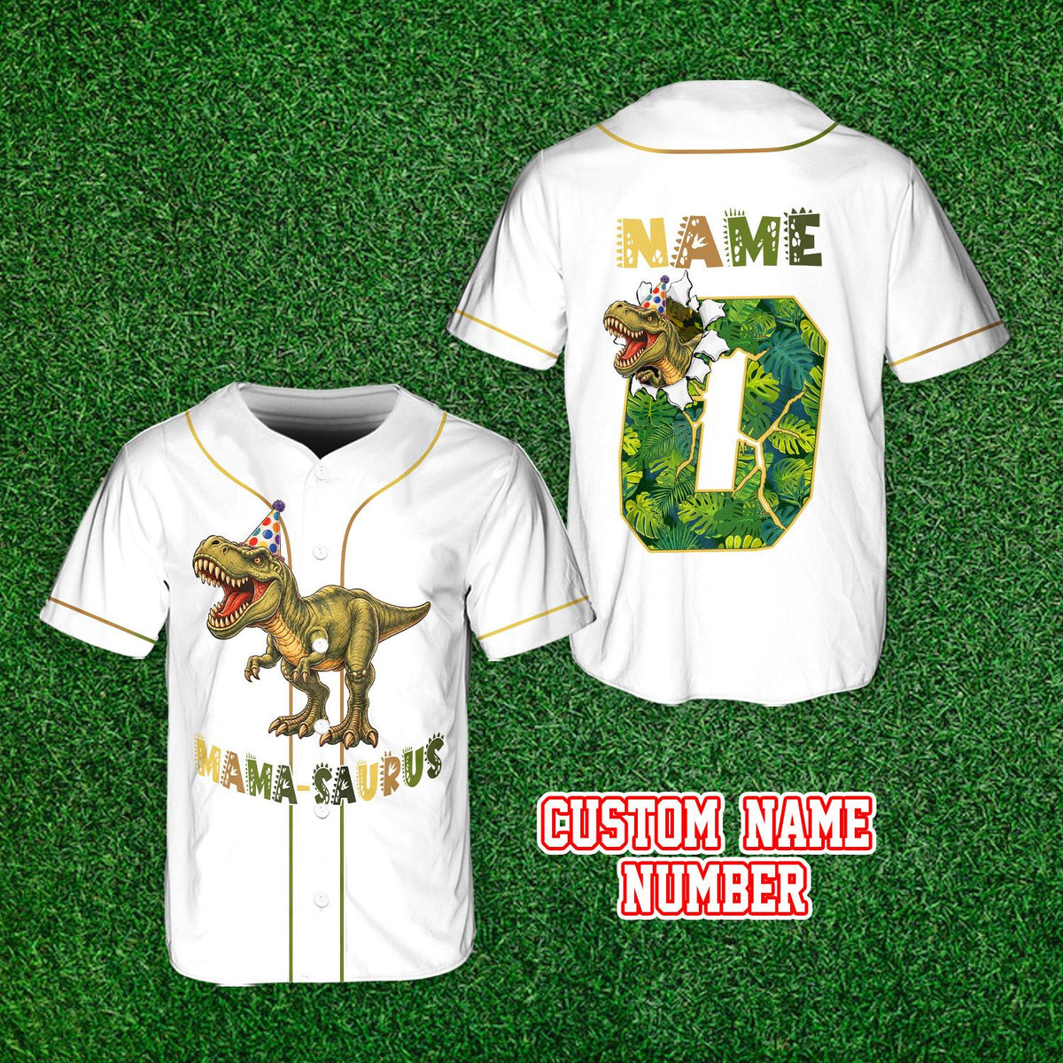 Front view of white dinosaur baseball jersey featuring T-Rex in a party hat