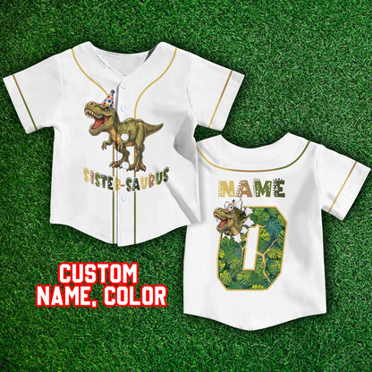 Alternative view of the personalized white dinosaur baseball jersey