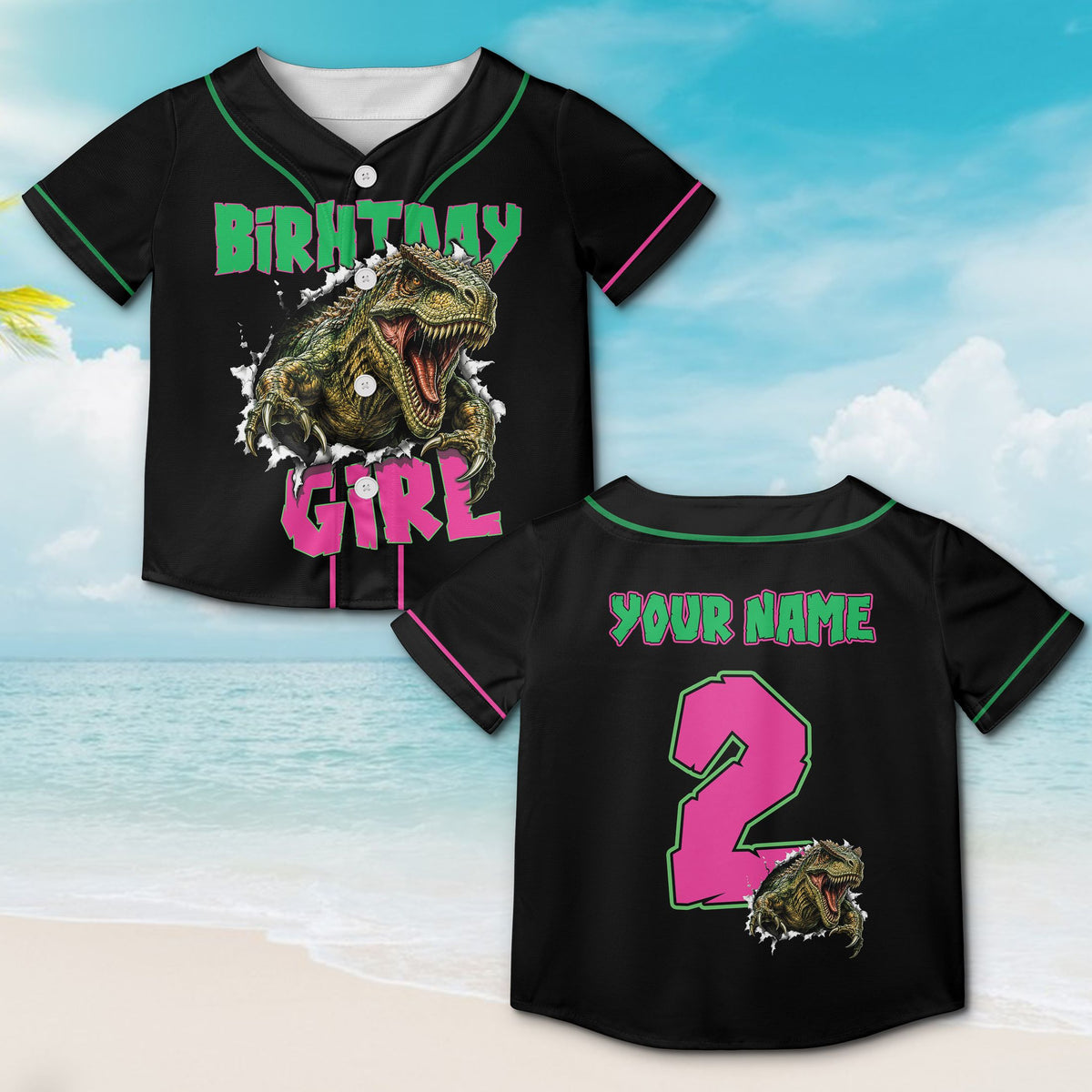 Detailed view of the personalized dinosaur baseball jersey fabric and pattern