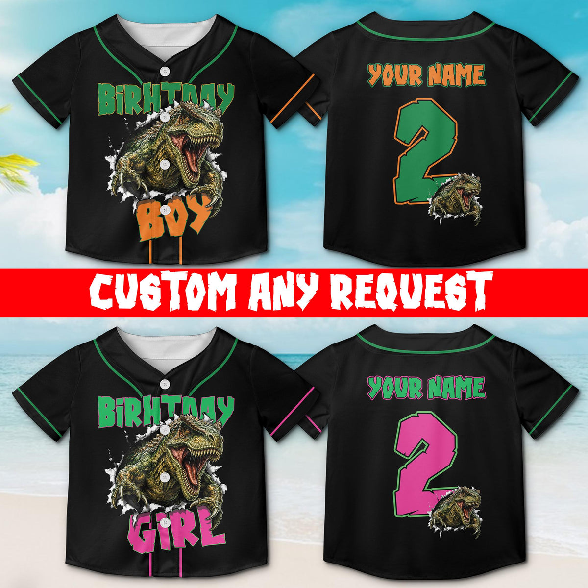 Black personalized dinosaur baseball jersey with realistic T-Rex design, front view