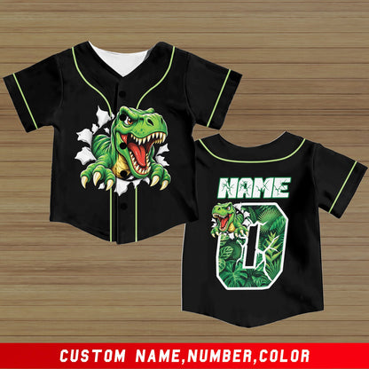Close up of the fabric detail on the personalized black dinosaur baseball jersey